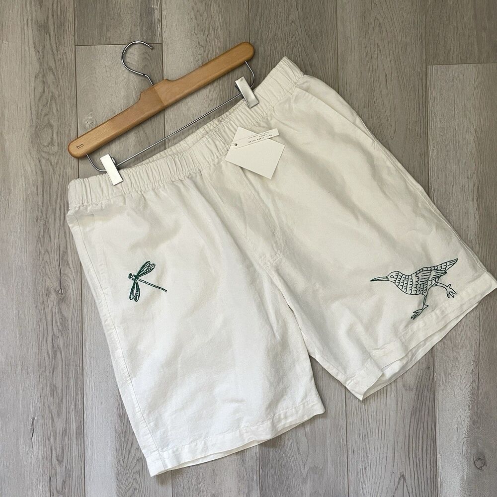Yôke Linen Shorts NWT cotton embroidered pull on mens White (large) resortwear